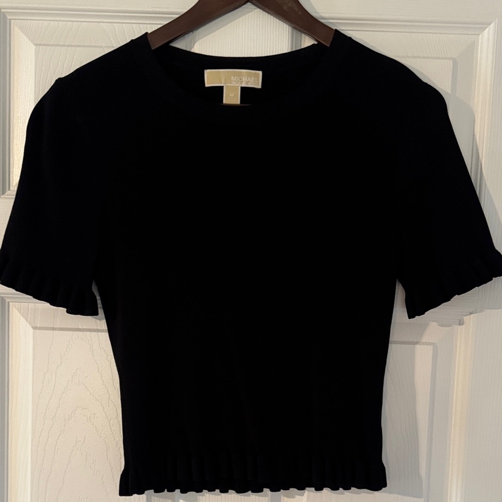 Michael Kors Black Short Sleeve Ruffle-Trim Knit Top